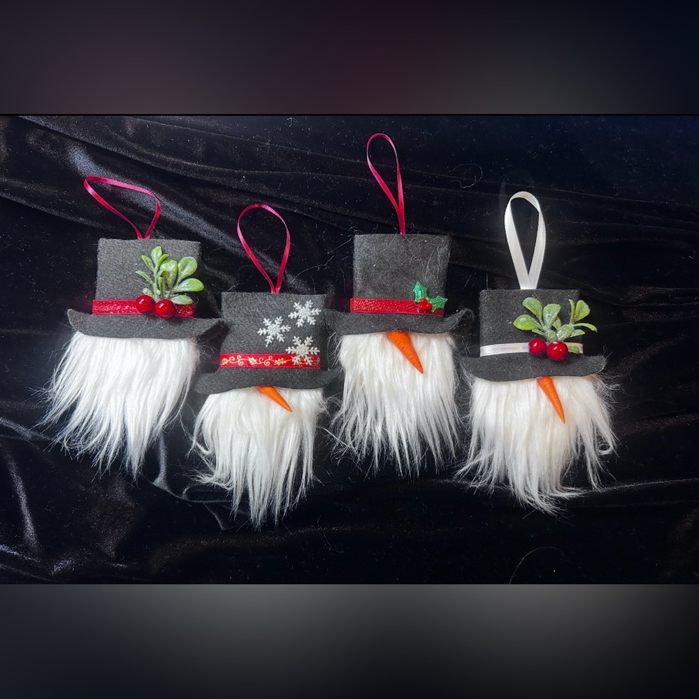 #1385 Festive Snowman Ornaments with Hats Handmade Set of 4